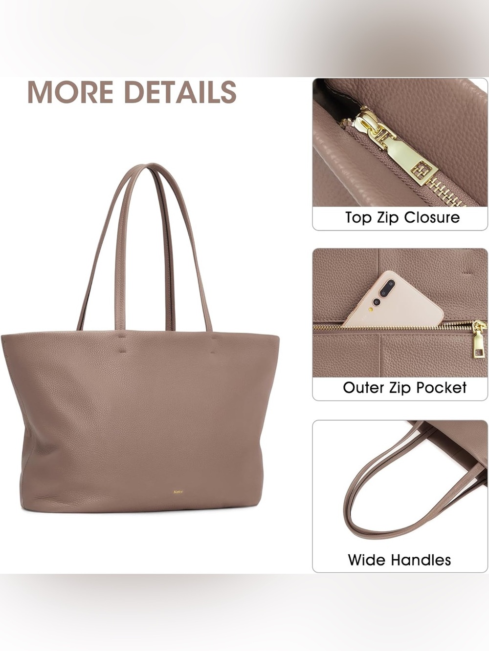 NWT - Large Leather Kattee Rose Taupe Pebbled Genuine Cowhide Leather Tote - Picture 5 of 9